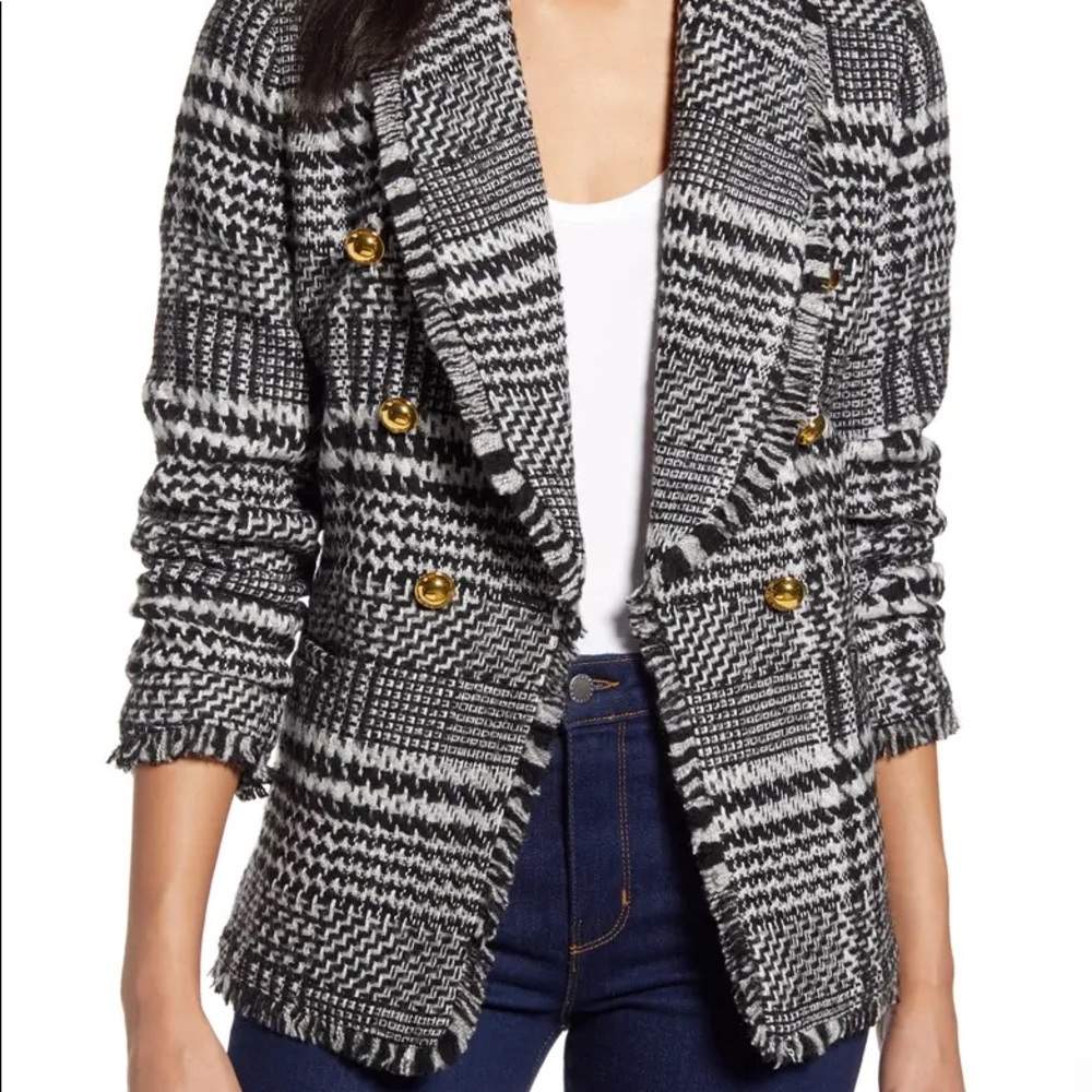 HALOGEN Double Breasted Plaid Tweed Blazer